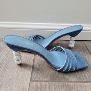 NEW - FASHION NOVA - DARK BLUE DENIM FABRIC SLIDE IN STRAPPY SQUARE TOE SANDALS